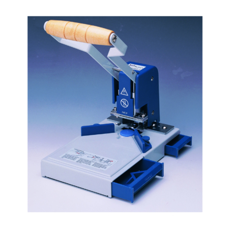 The Diamond-1, known for its efficiency in manual corner rounding, is a blue and gray paper punch machine featuring a sleek wooden handle set against a gradient background.
