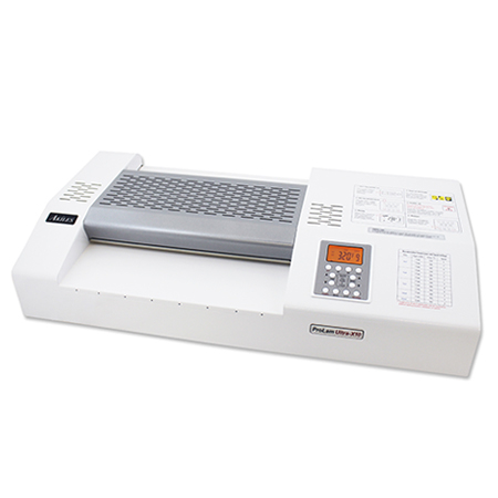 The ProLam Ultra-X10 is a commercial-grade, white laminating machine equipped with a digital control panel and temperature settings display, featuring a robust 10-roller system for flawless binding of various products.