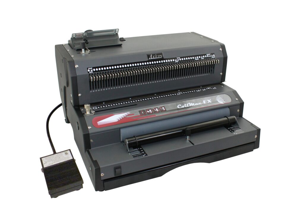 The CoilMac-EX Pro, an electric binding machine with a foot pedal, is prominently displayed against a white background.